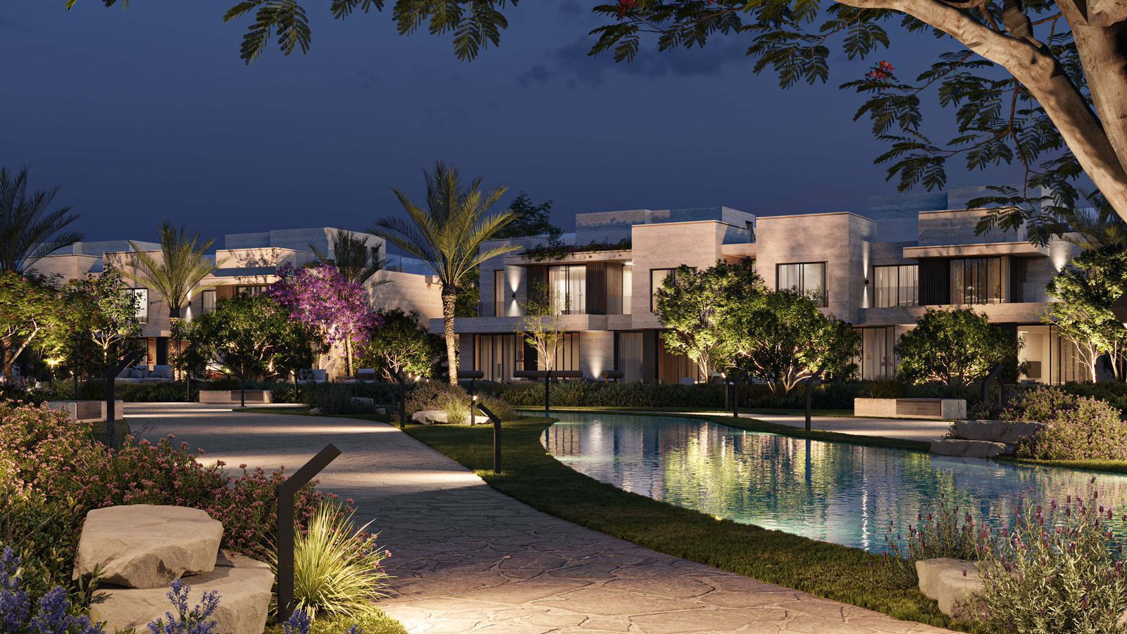 فيلات تييرا في المساء مع حمام السباحة